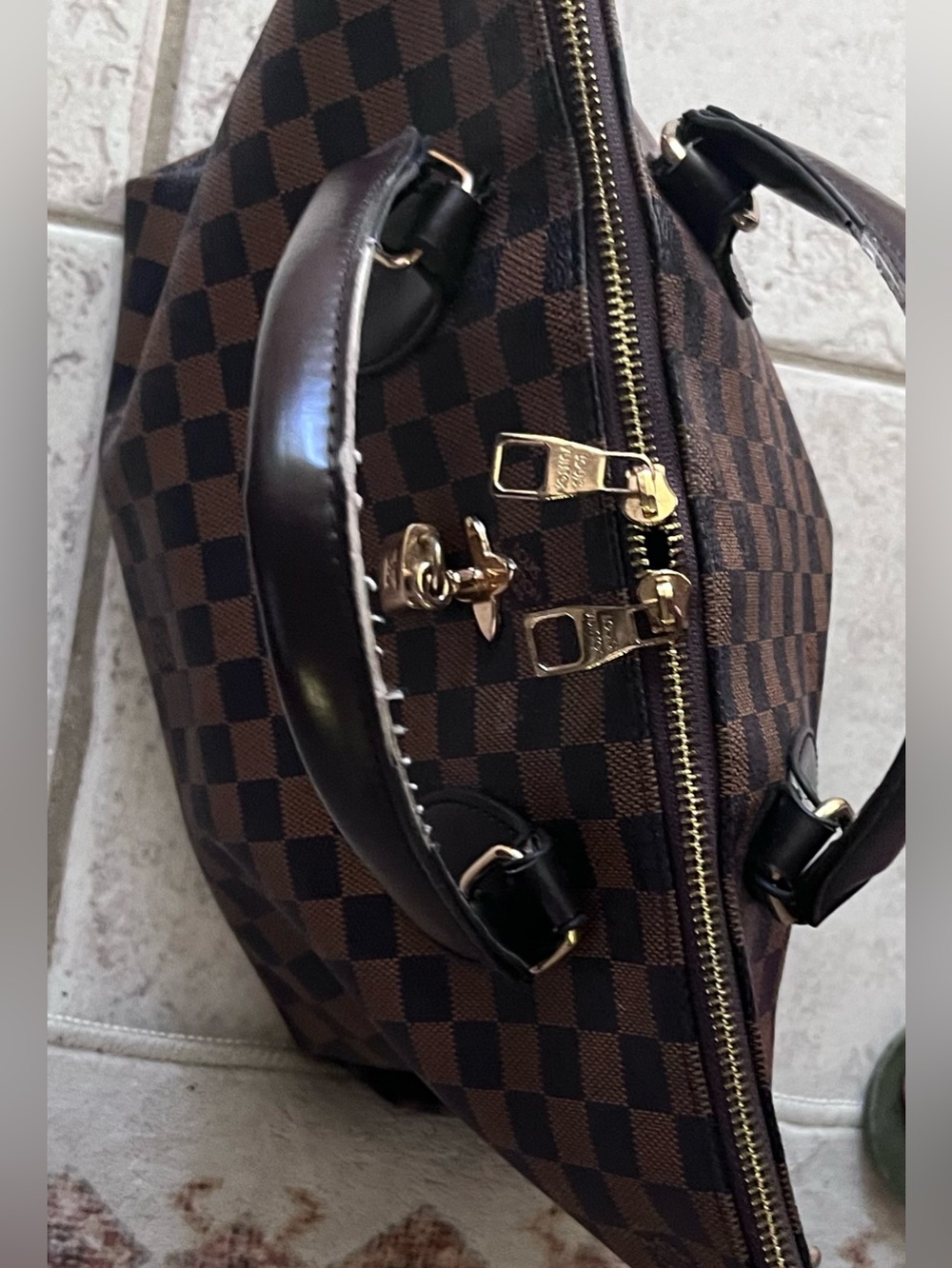 Brown checkered Zip top design inspired satchel . - Picture 8 of 11